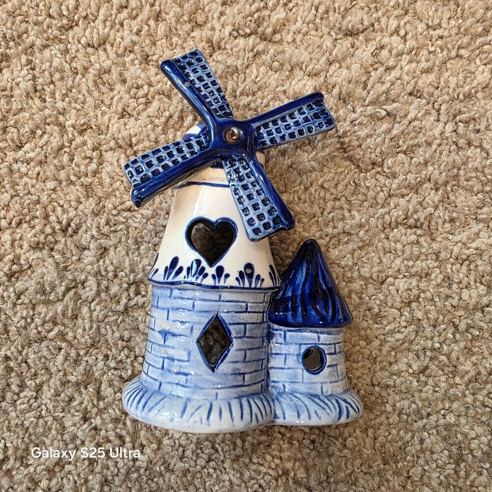 Vintage eleseva‎ hand painted blue deft porcelain windmill tea light holder (3)